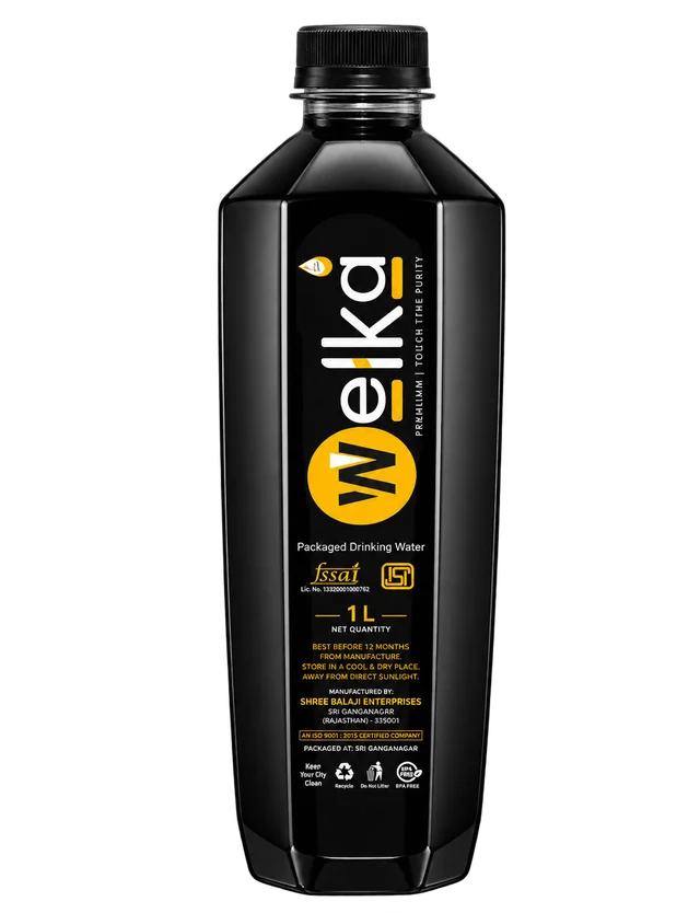 Supplied WELKA black water bottle artwork with gold and white branding