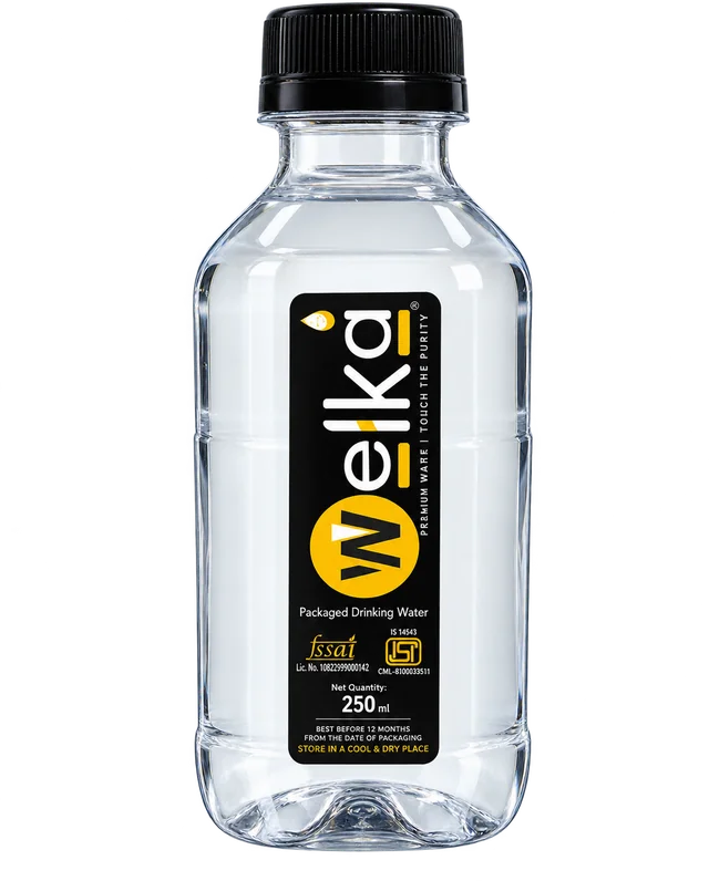 Supplied compact WELKA clear water bottle artwork with black cap and gold-accented label