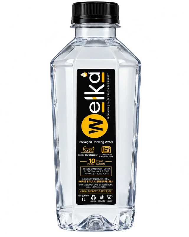 Supplied WELKA clear faceted water bottle artwork with black and gold label