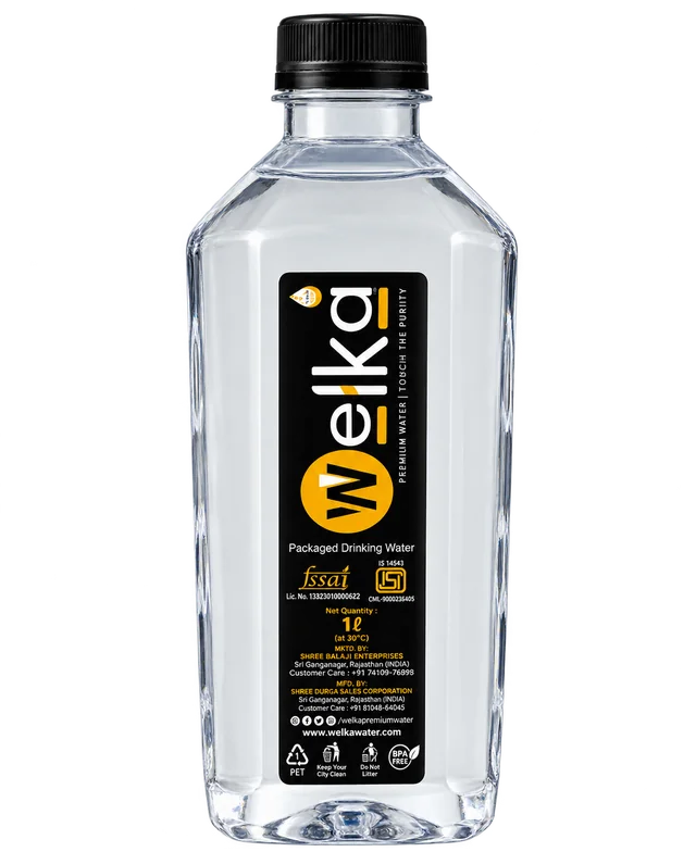 Supplied WELKA square water bottle artwork with black and gold label