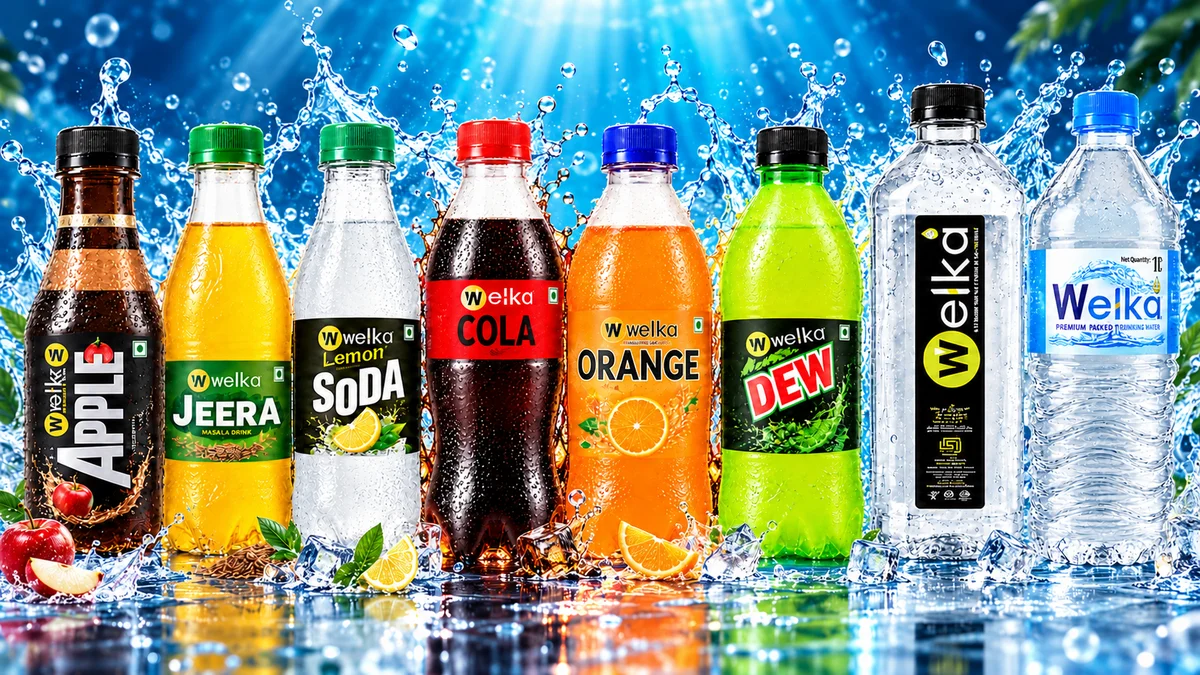 Supplied WELKA water and beverage bottle designs arranged against a vibrant blue water splash